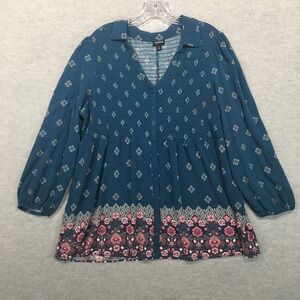 Torrid Sz 2 Teal Long Sleeve Peplum Tunic Top‎ Shirred Peasant Collared V-Neck